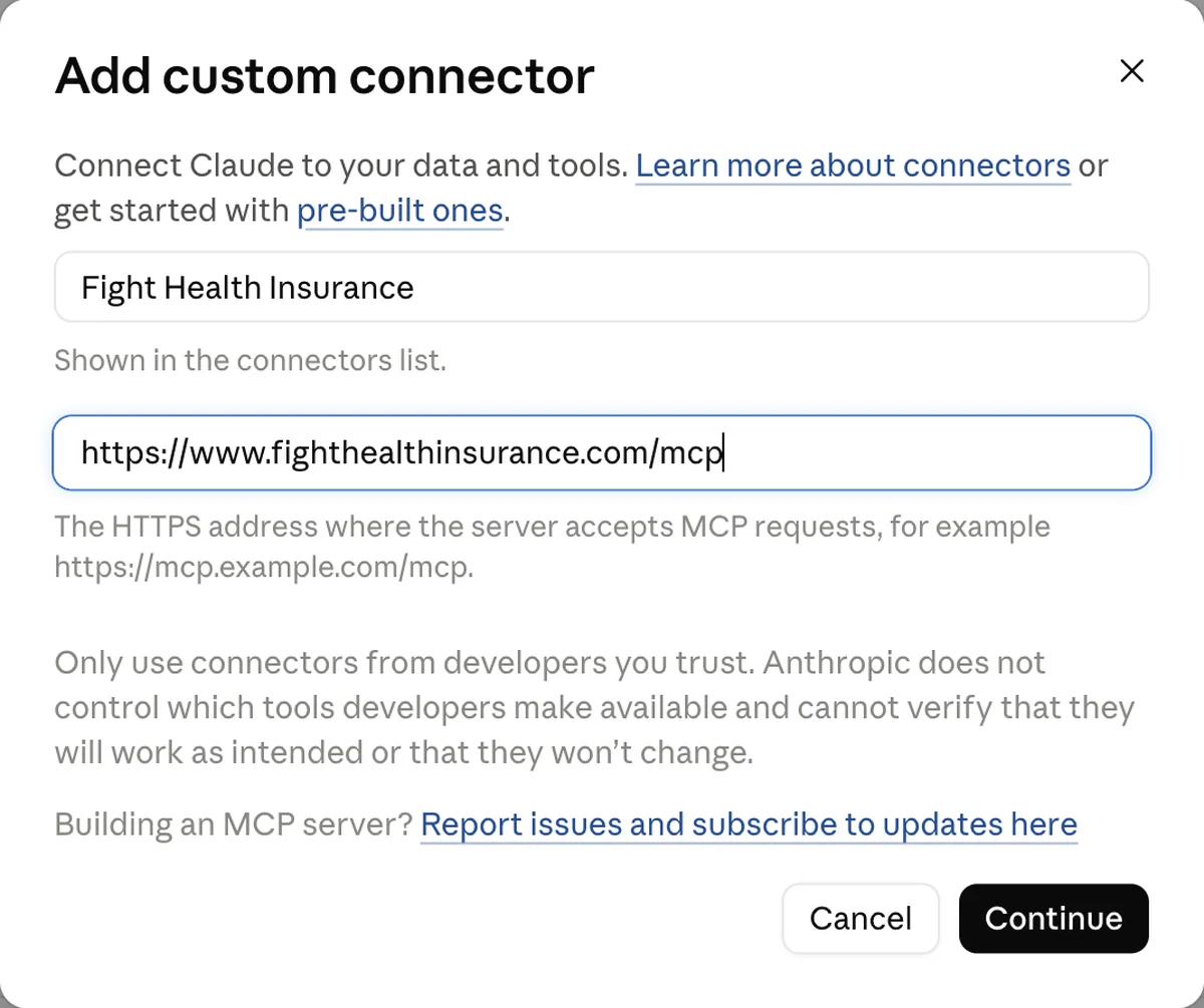 The Add custom connector dialog with the name Fight Health Insurance and the MCP server URL filled in.