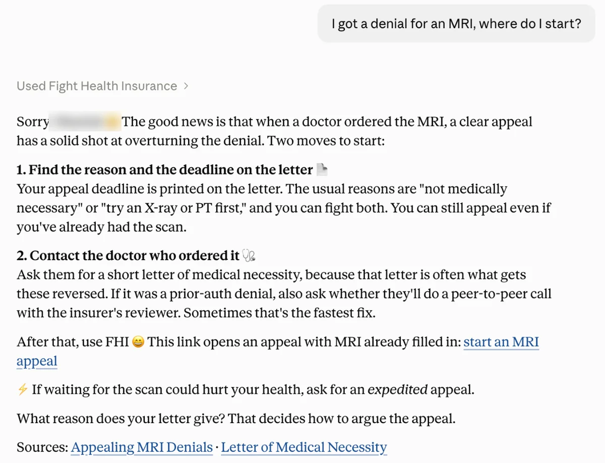 Claude's answer to an MRI denial question, marked Used Fight Health Insurance, with a link to start an MRI appeal and sources from the site.
